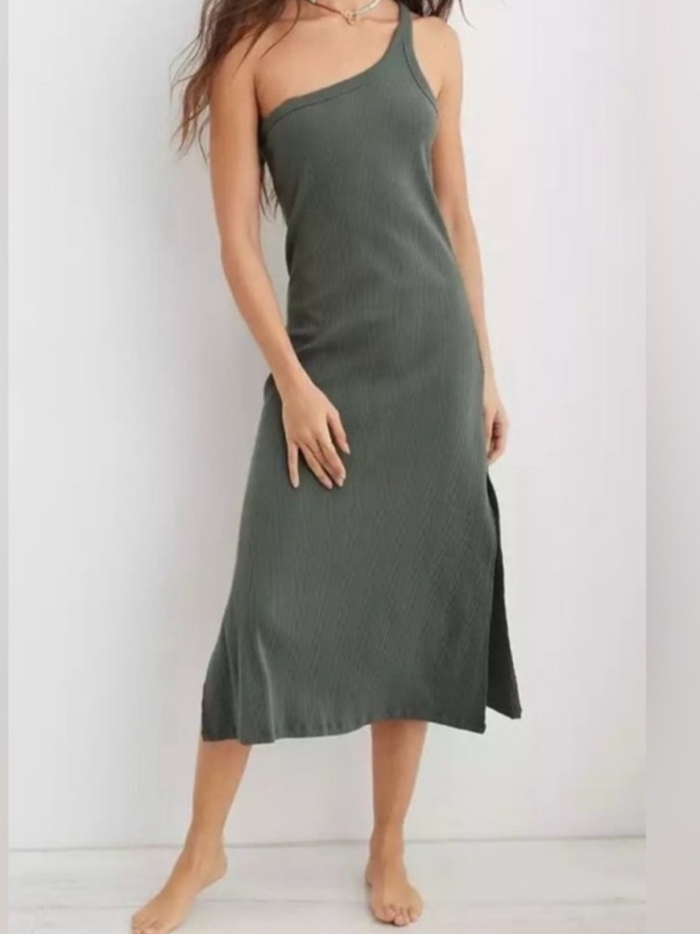 One-Shoulder Ribbed Midi Dress in Olive Green AERIE